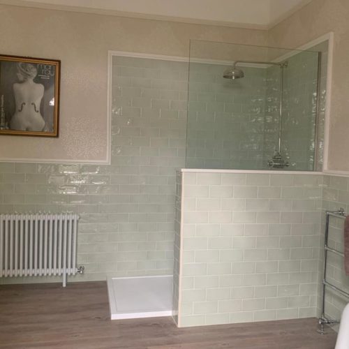Large Traditional Bathroom with Walk in Shower and Metro Tiles