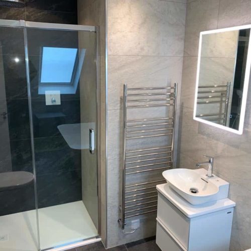 Bathroom and Walk in Shower with Sloped Ceilings