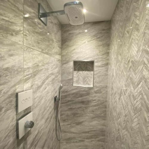 Large Wetroom with Mini Herringbone Feature Wall
